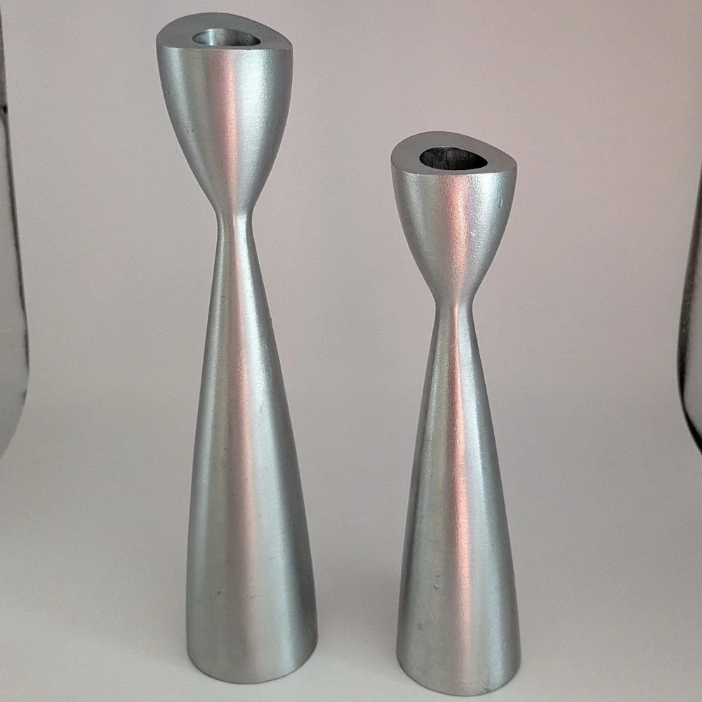 Vintage Mid Century Modern Brushed Silver Metal Taper Candlestick Holders Set 2